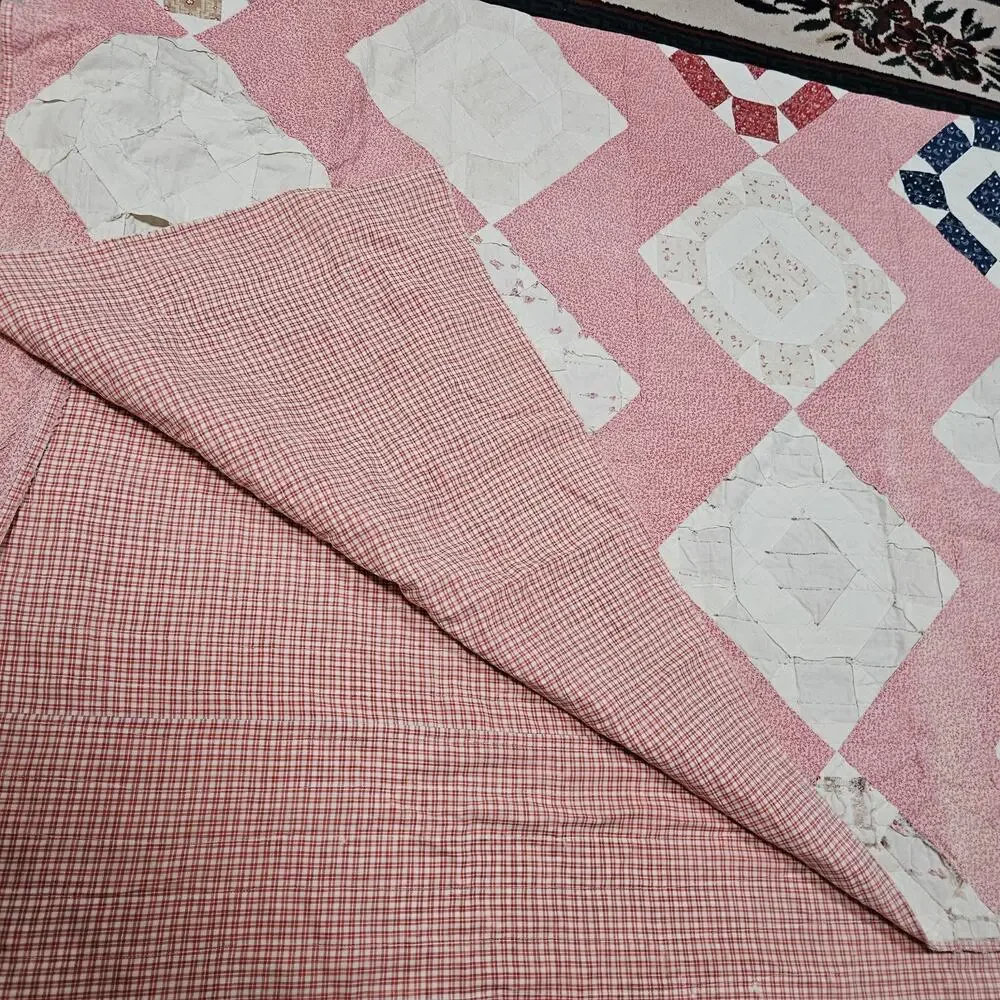 Vtg Hand pieced patchwork quilt 80X80 Chimney sweep design damage stains READ
